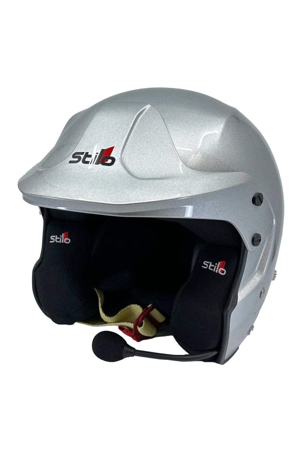 Stilo Venti Trophy Composite SA2020 Helmet in silver, featuring noise-canceling earmuffs and microphone, ideal for rally and autocross.