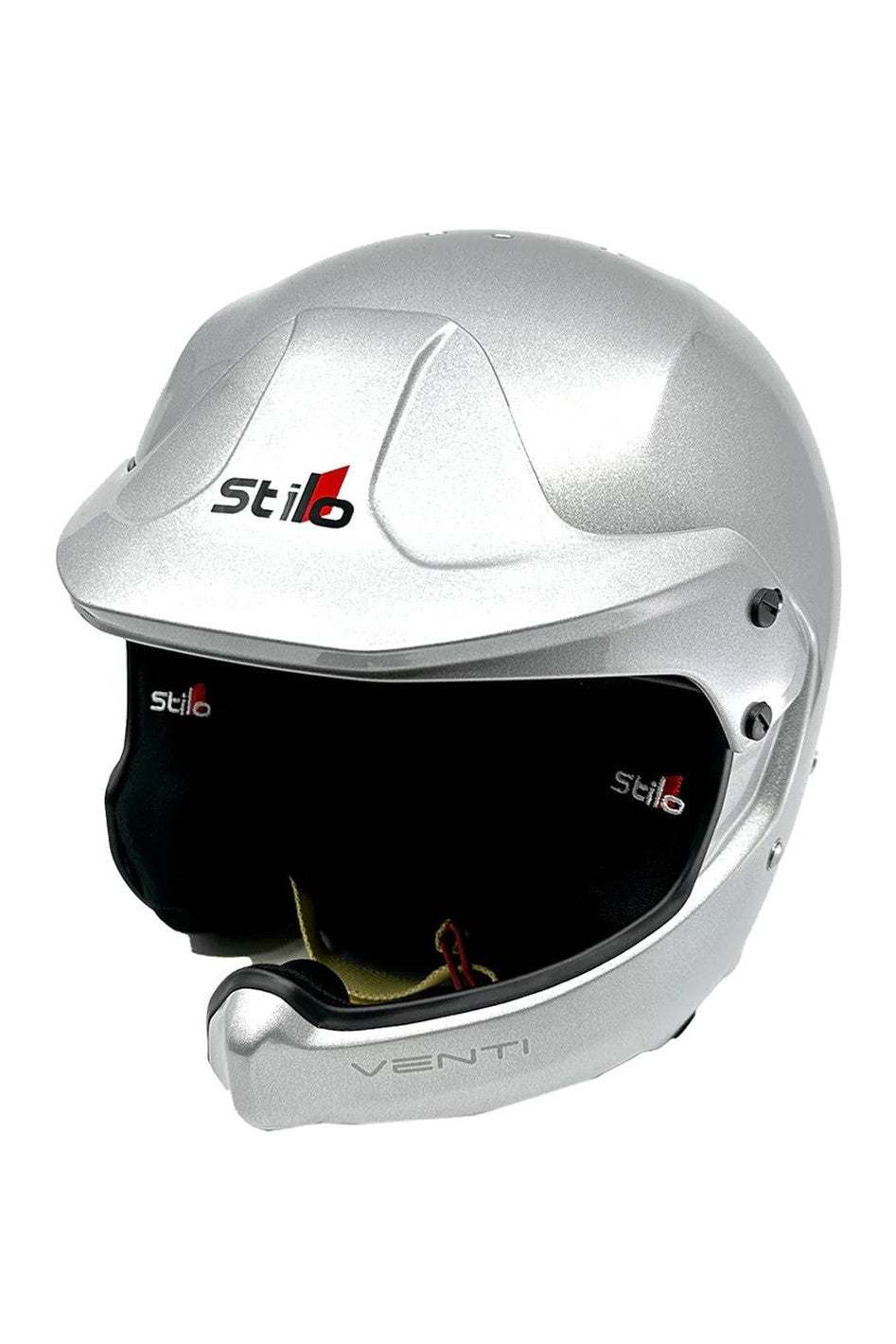 Stilo Venti WRC Composite Helmet in Silver, featuring a built-in microphone boom, FIA 8859 - SA2020 certified.