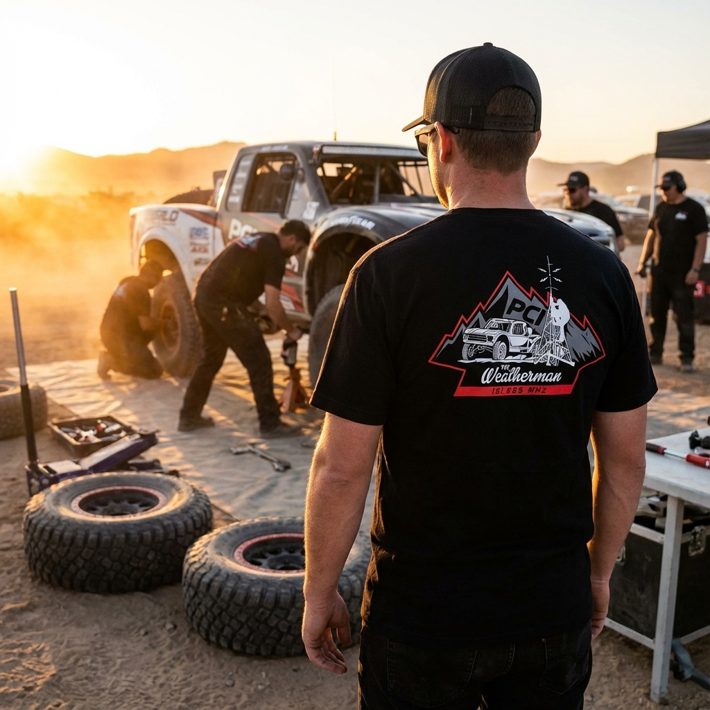 Black PCI Weatherman 151.625 T-shirt with logo on back, worn at off-road vehicle event