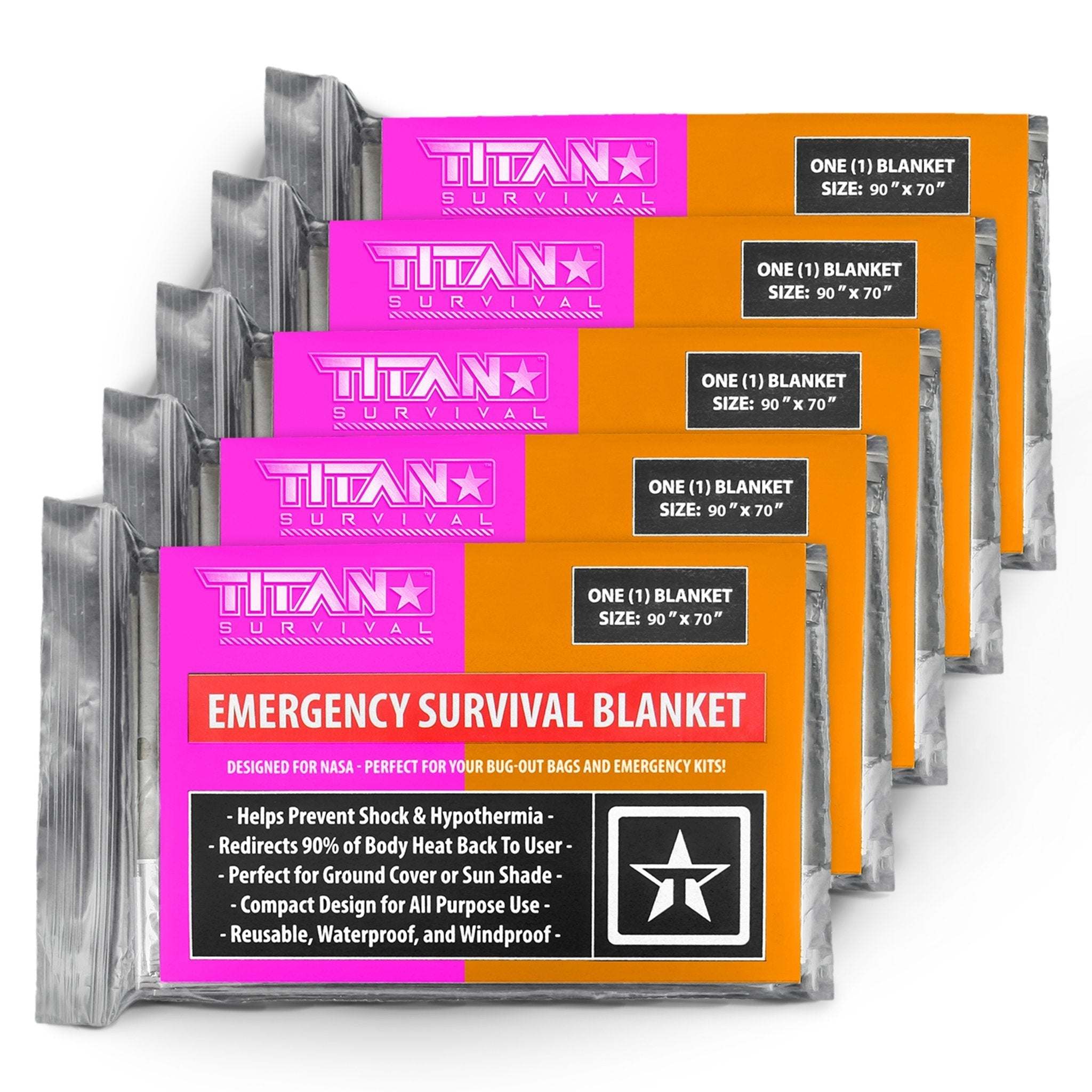 XL Emergency Survival Blankets, 5-Pack - Ultra-reflective, NASA-engineered Mylar, waterproof, windproof, retains 90% body heat, ideal for emergencies and survival kits.