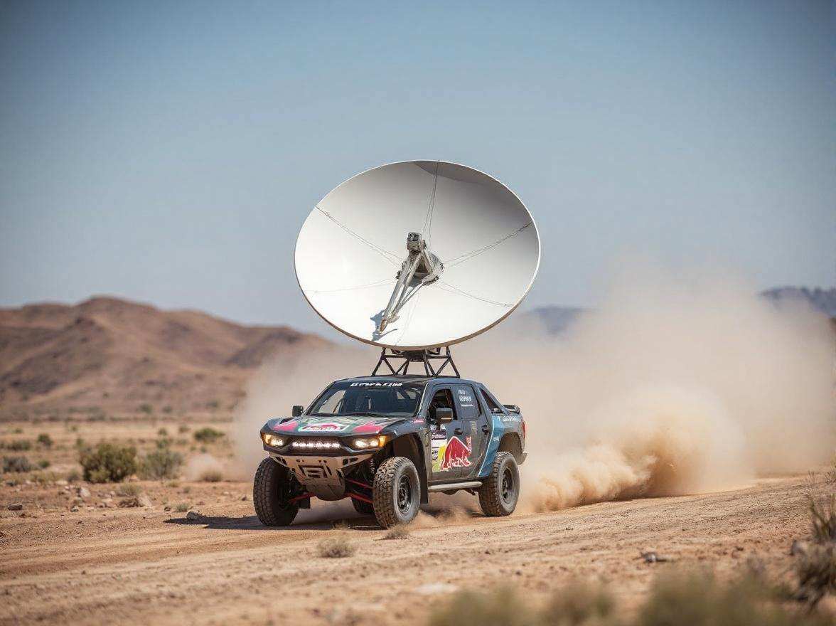 Starlink satellite dish mounted on off-road racing vehicle in desert environment