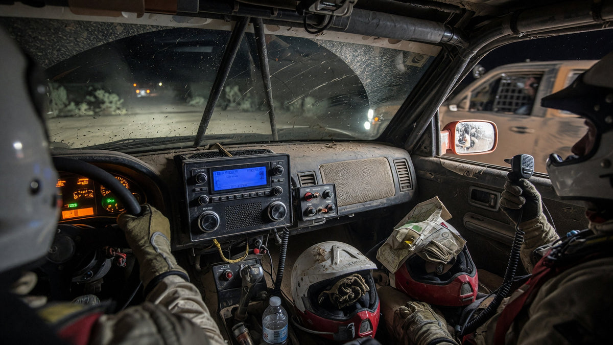 Night race-truck cabin with helmets, intercom and mobile radio facing the crew, chase truck outside