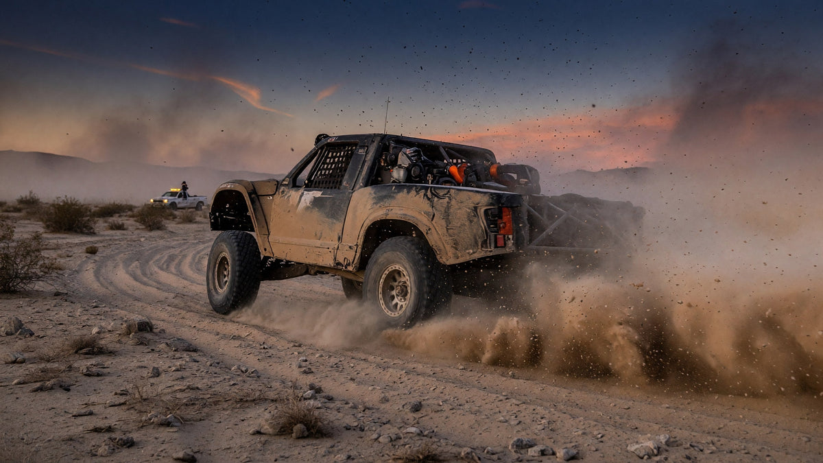 BITD desert race truck in Nevada dust at dusk, chase truck behind