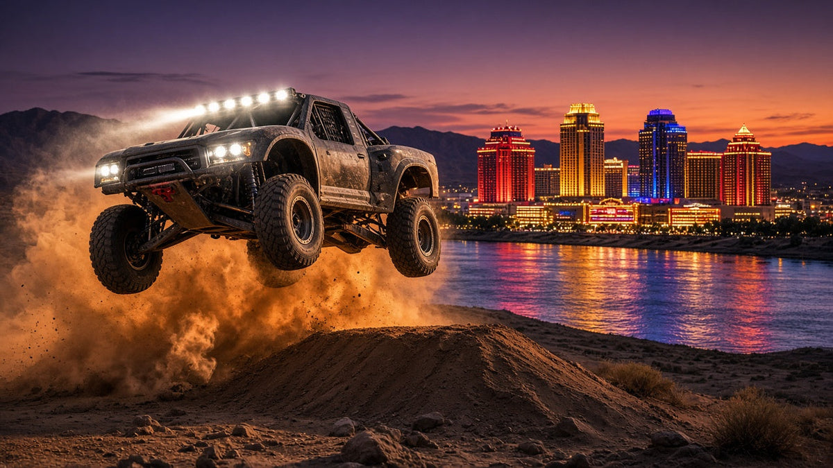 Desert race truck airborne over a dirt jump at dusk with the lit Laughlin casino towers across the Colorado River