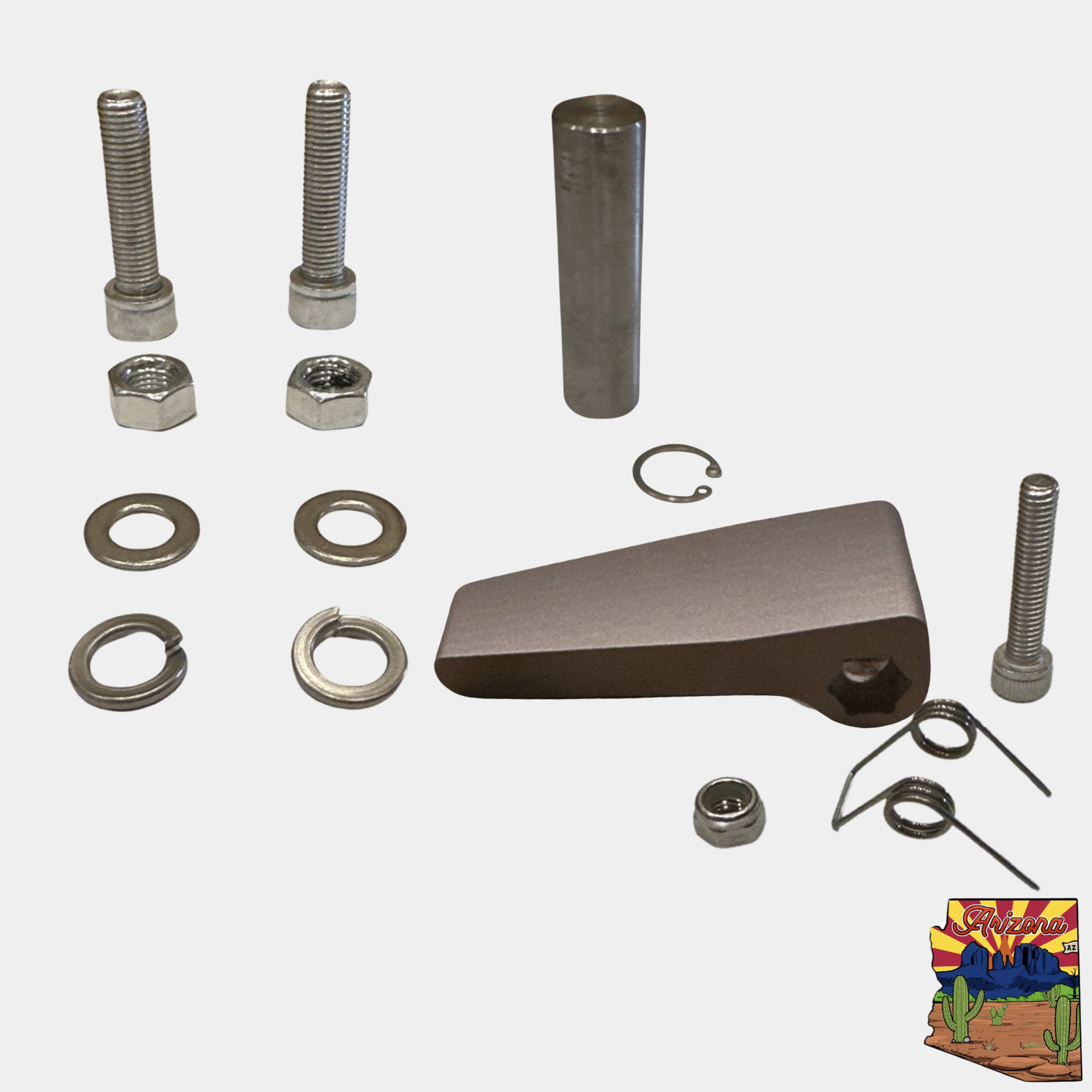 Winch mount service parts kit including bolts, nuts, washers, pin, and lever for maintenance and repair
