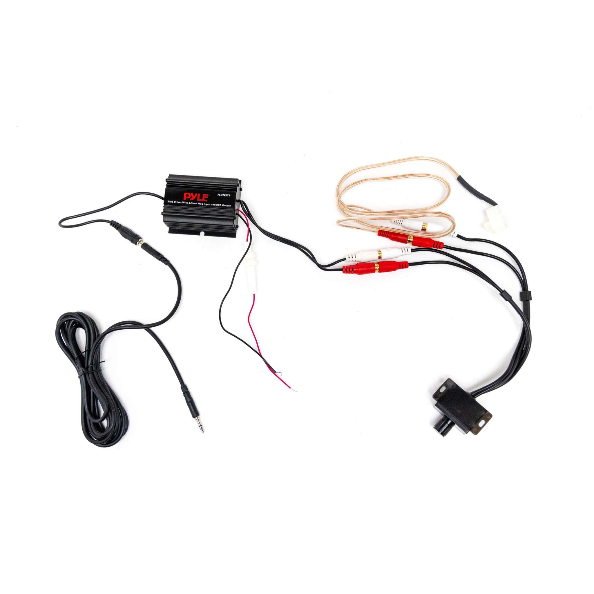 XM Radio line driver amplifier with adjustable audio output and multiple connectors including 3.5mm jack and 9-pin Molex for intercom integration