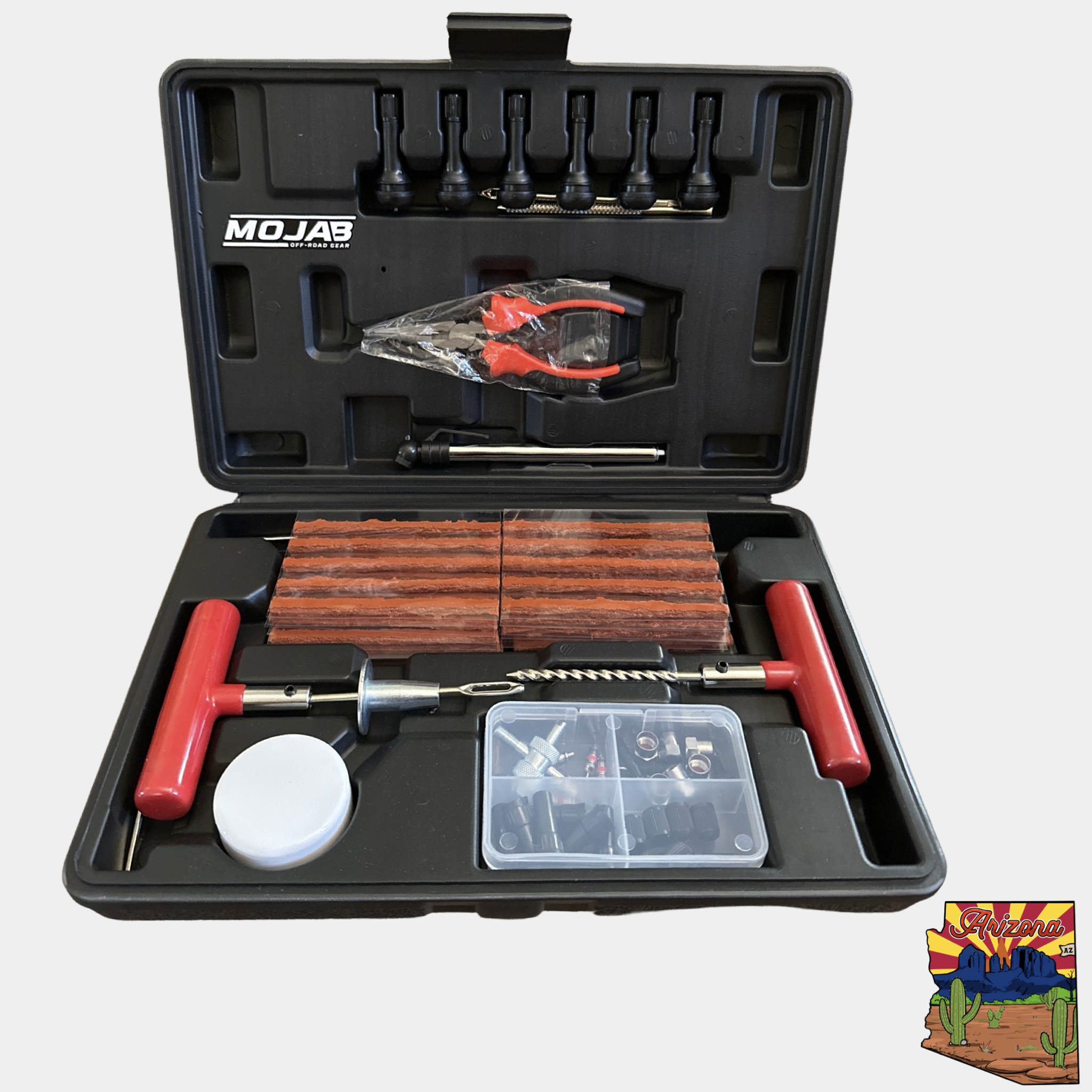 96-piece tire repair kit with tools, plugs, patches, and compact carrying case for quick puncture fixes