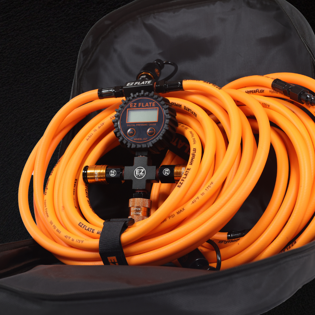 Hyperflex 4-Way Hose Kit with digital gauge, rapid locking air chucks, and hybrid polymer hose in storage bag