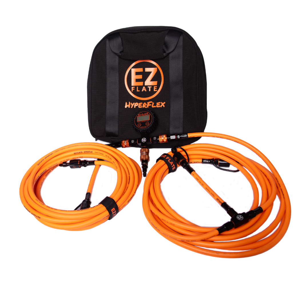 Hyperflex 4-Way Hose Kit with rapid locking air chucks and digital pressure gauge for simultaneous tire inflation and deflation