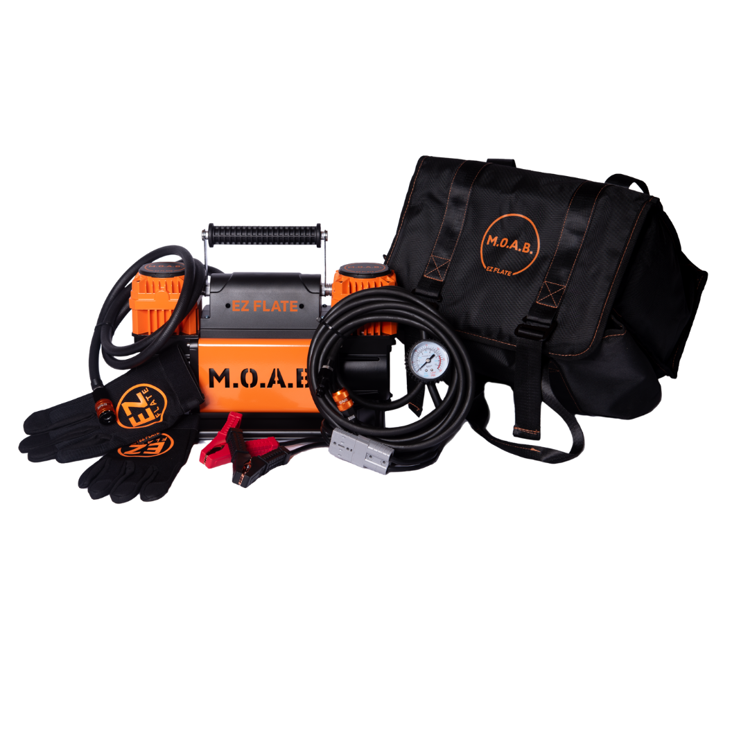 EZ FLATE M.O.A.B. 10.6 CFM Portable Dual Air Compressor with 150 PSI and vehicle battery clamps