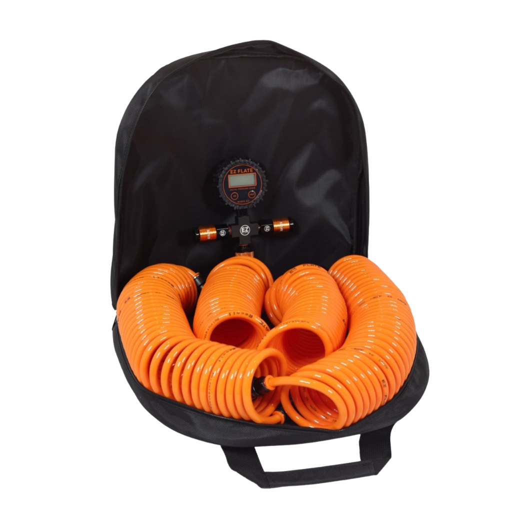 Recoil 4-Way Hose Kit with standard manifold, digital gauge, and rapid locking air chucks for simultaneous tire inflation and deflation