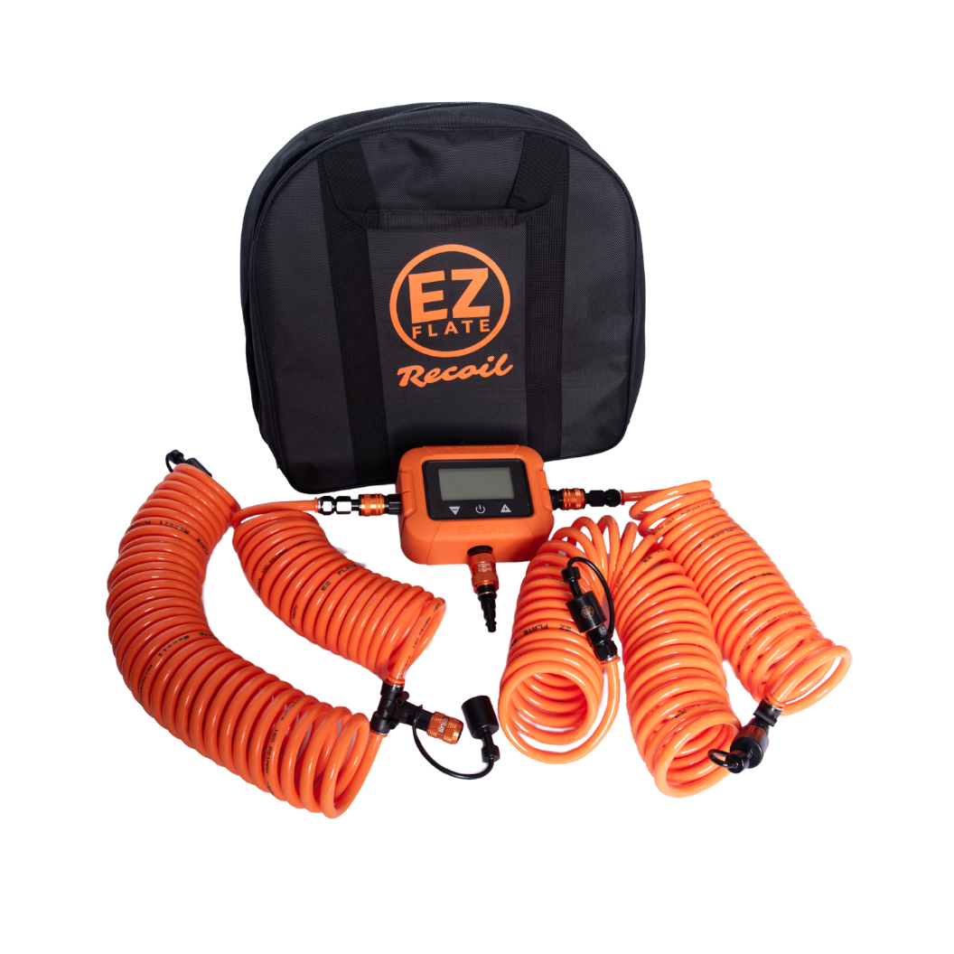 Recoil 4-Way Hose kit with Air Command showing coiled hose, digital gauge, and Rapid Locking Air Chucks for simultaneous tire inflation and deflation.