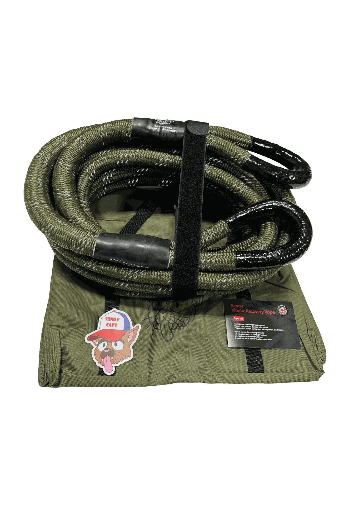 Kinetic-X Recovery Rope coiled on a green mat with product tag.