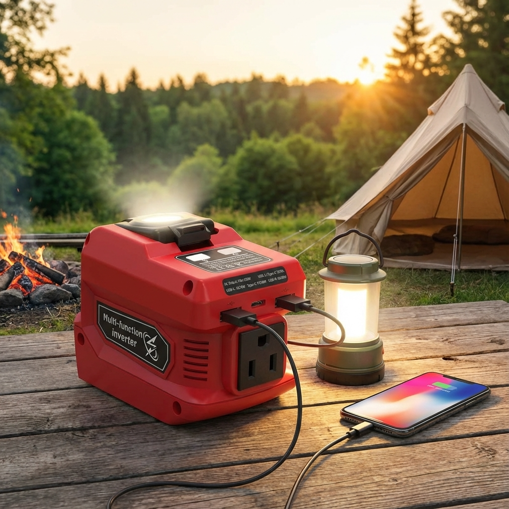 220W Portable Power Generator red compact inverter charging phone and powering lantern at campsite