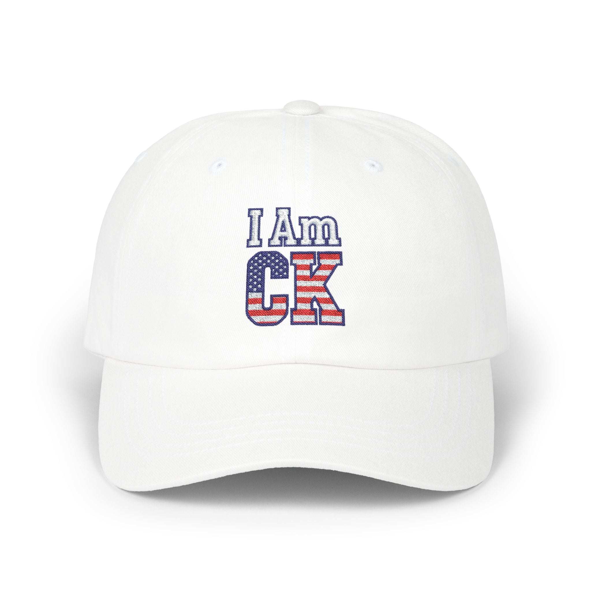 White I Am Charlie cap with American flag design on front, classic dad hat style, adjustable snap closure, and breathable cotton material