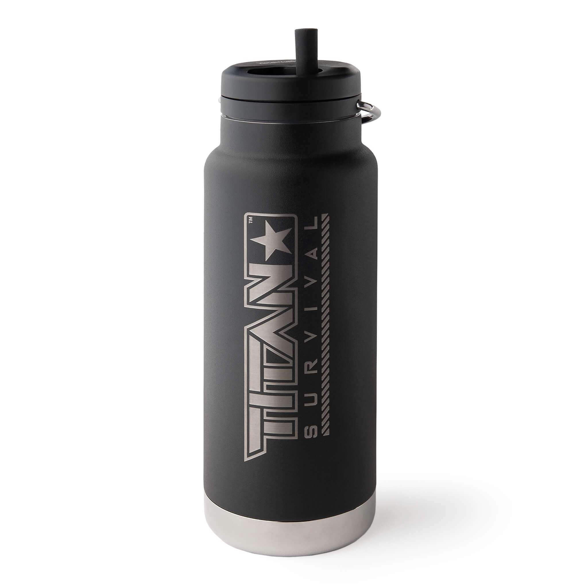 32 Oz black wide mouth water bottle with TITAN Survival branding and twist cap.