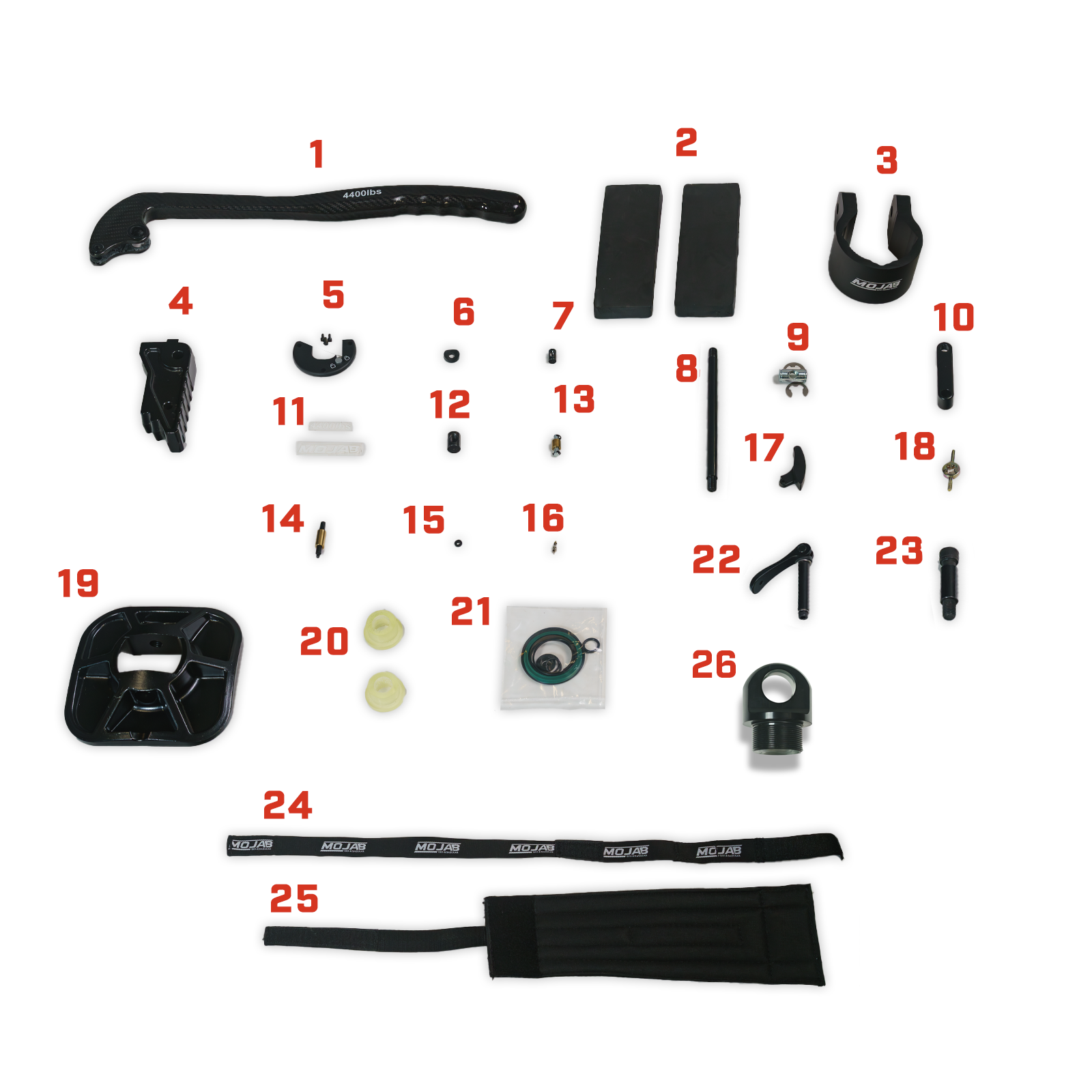 Hydraulic jack spare parts displayed on a white background