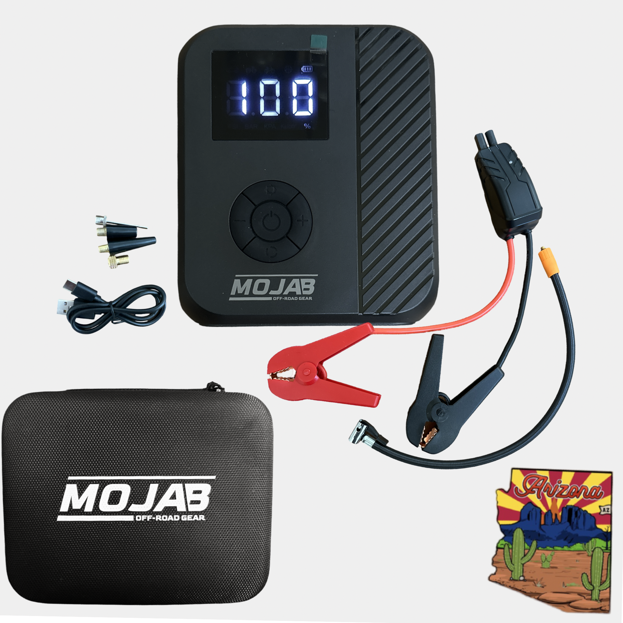 Portable PowerPro emergency starter and tire inflator kit with digital display and carrying case