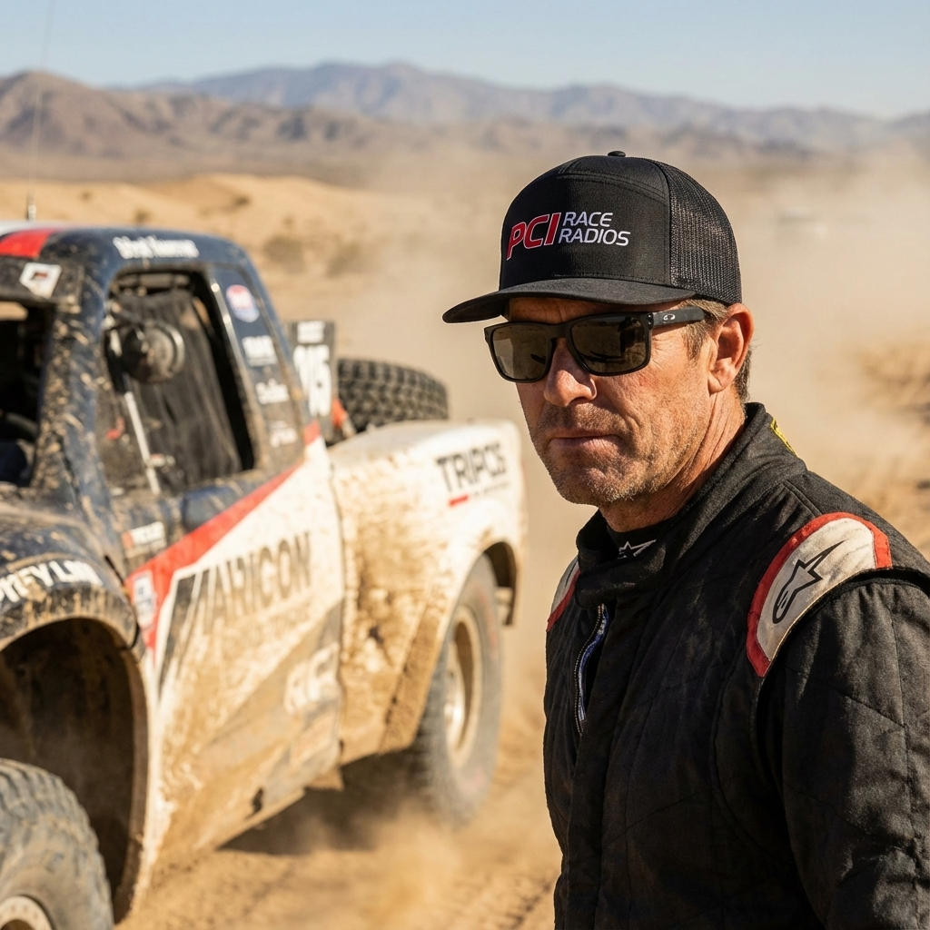 Man wearing black PCI Tech Hat with laser-cut panels and square brim near off-road racing truck