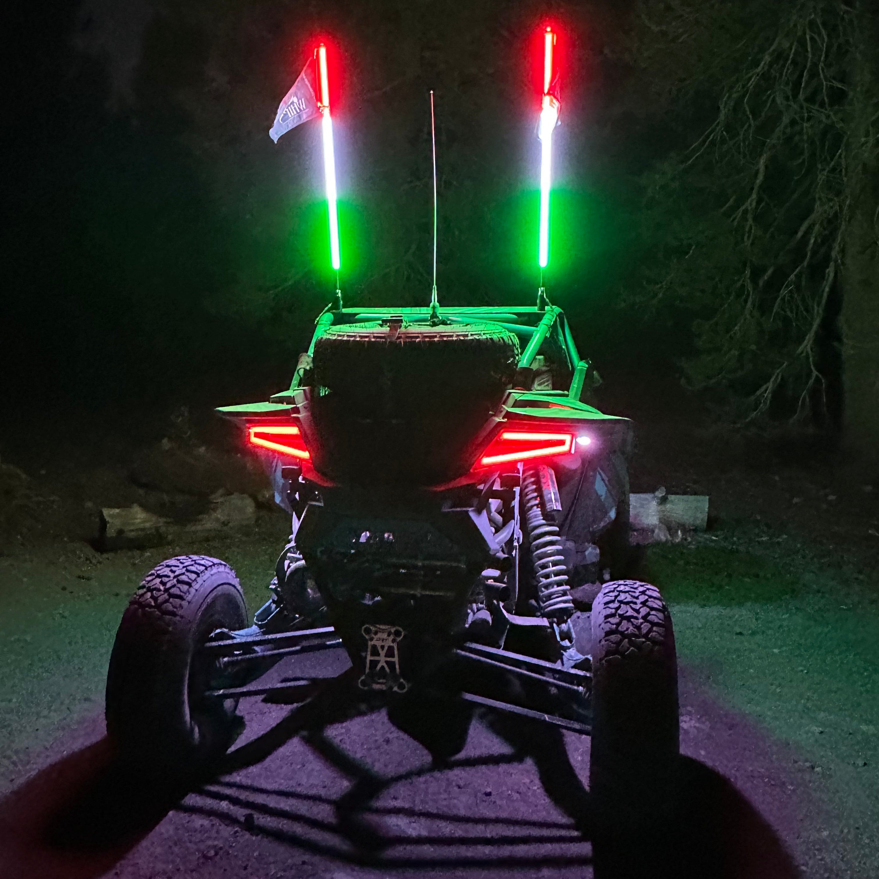 Special edition Hyper Color LED whip with red, white, and green LEDs in 4 and 6-foot lengths