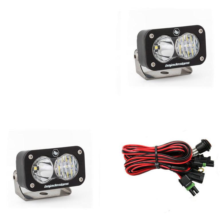 Pair of S2 Sport Black LED Auxiliary Light Pods with wiring harness for versatile mounting and high brightness