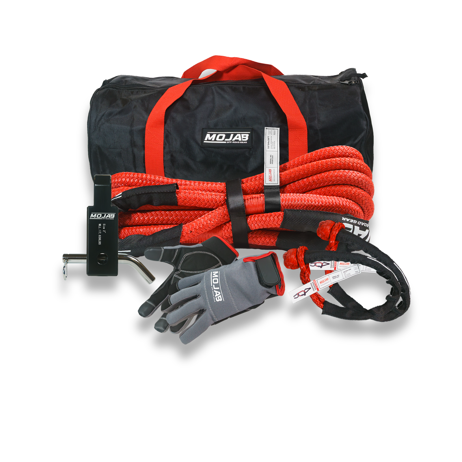 Prime Recovery Kit with kinetic rope, soft shackles, gloves, hitch receiver, and storage bags