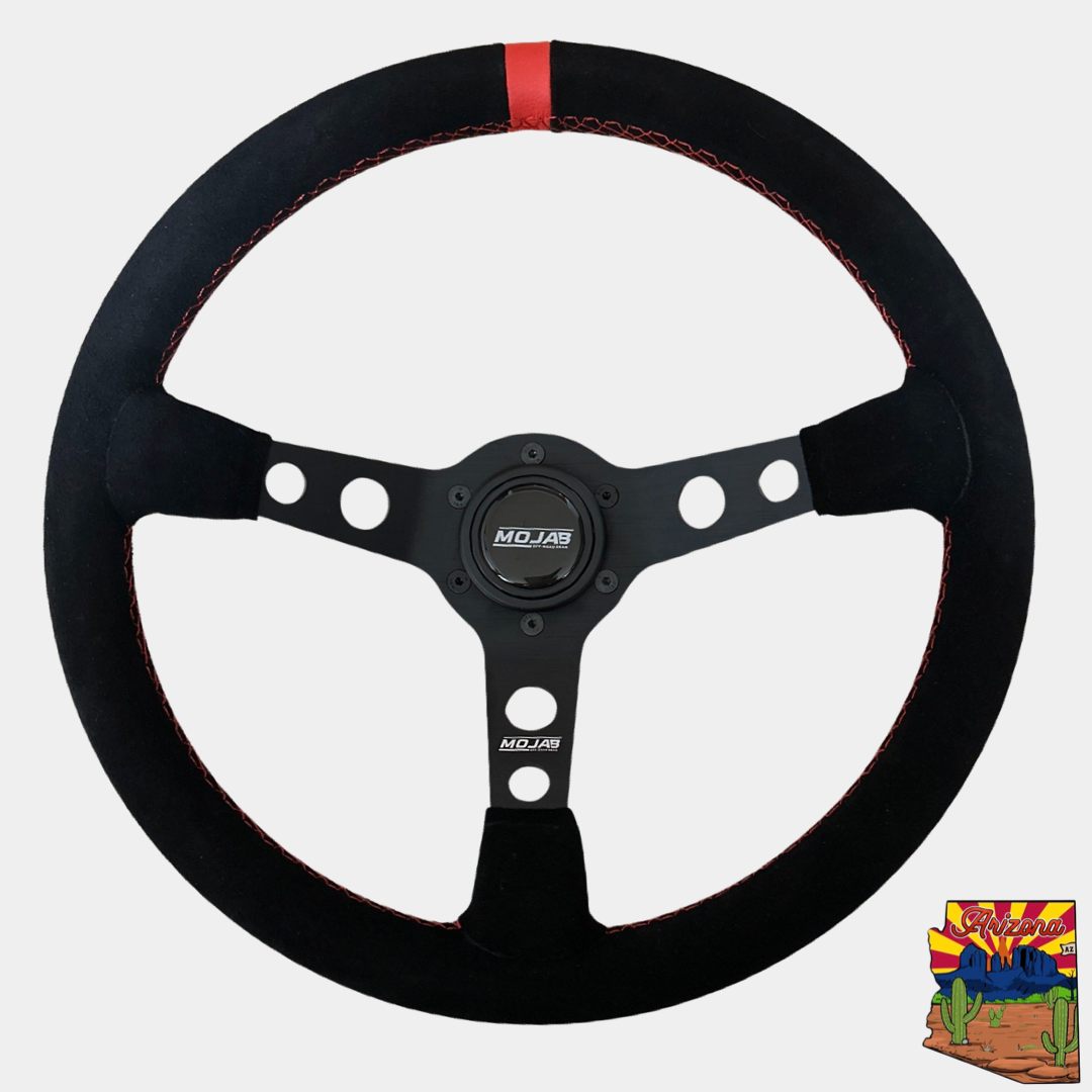 MOJAB 13.5" deep dish suede steering wheel with aluminum 6061 center and red stitching