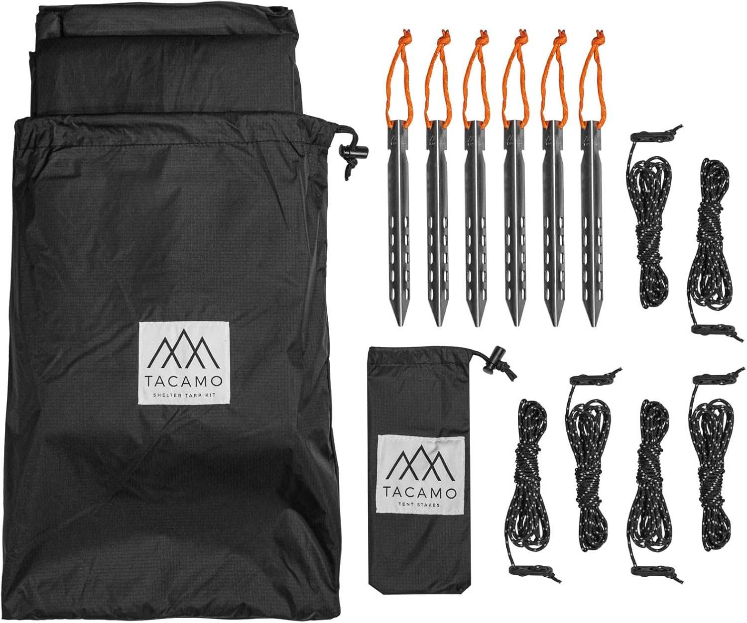 TACAMO Bushcraft Reflective Shelter Tarp kit with stakes, guy lines, and storage bags in black