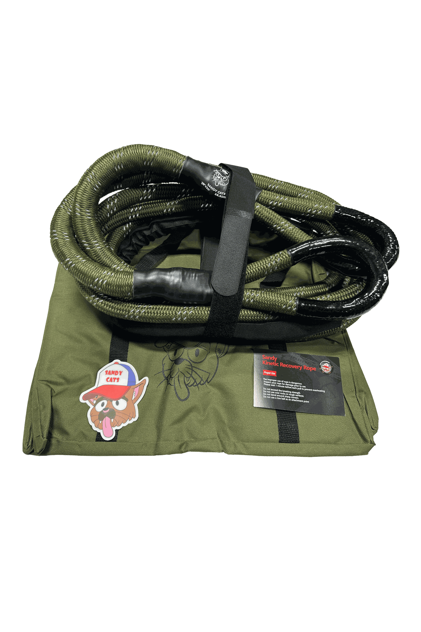 Kinetic-X Recovery Rope on green tarp with packaging.