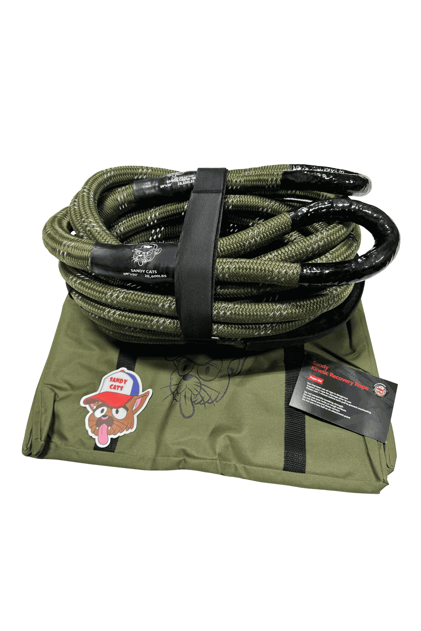 Kinetic-X Recovery Rope coiled on olive green storage mat with product card.