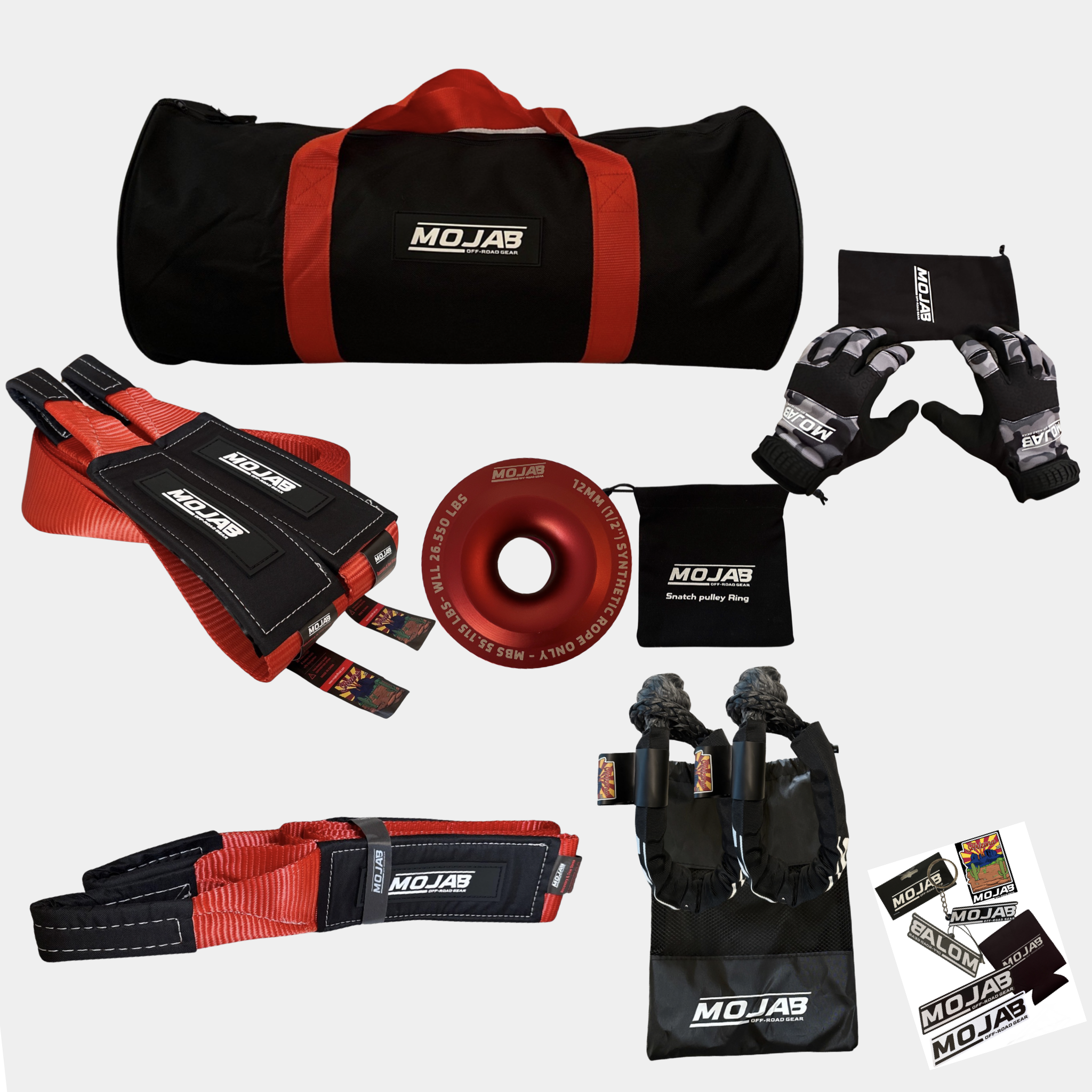 Premium Recovery Kit with snatch ring, soft shackles, tow straps, work gloves, and storage bags for off-road vehicle recovery