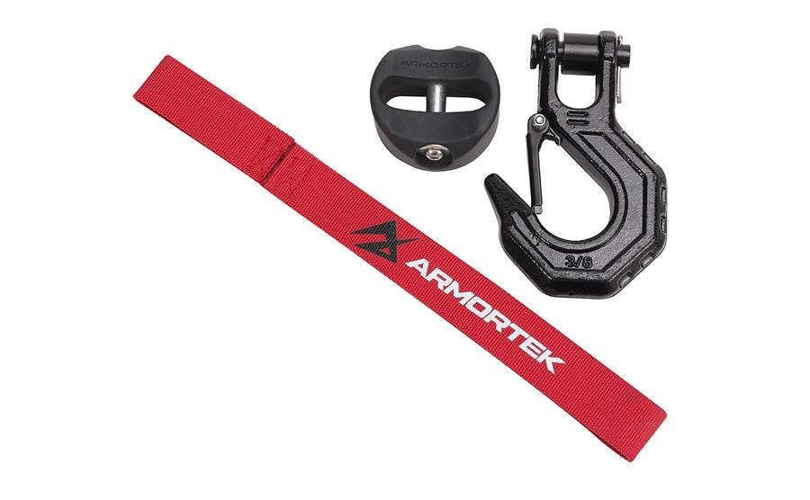 Armortek Black Hook Kit with hook, rope stopper, and hand saver strap for winch ropes 5/16 to 7/16 inch, rated 22000lbs