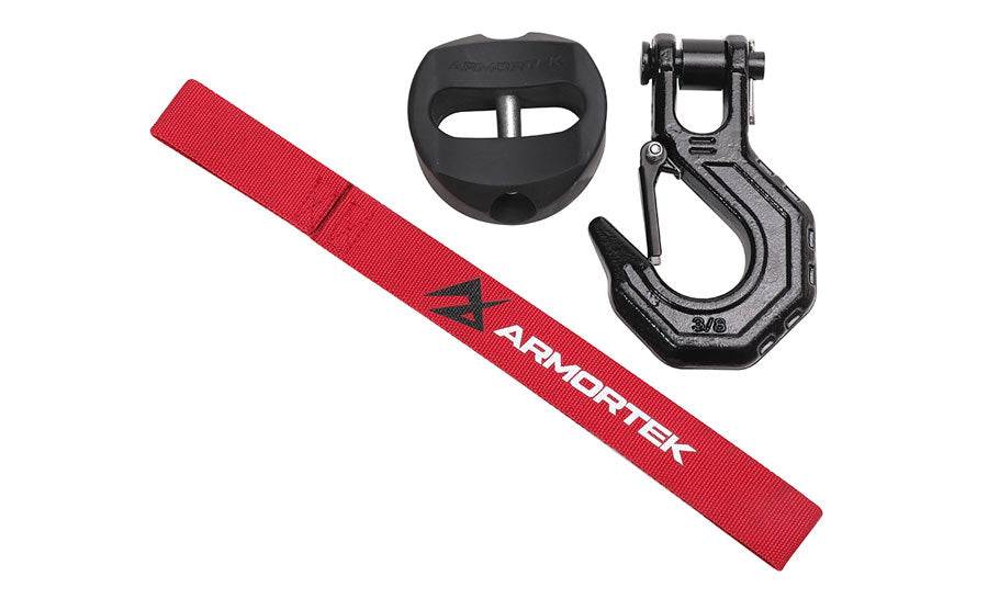 Armortek Black Hook Kit with 1/2" rope stopper and hand saver, rated 22000lbs for heavy-duty winching.