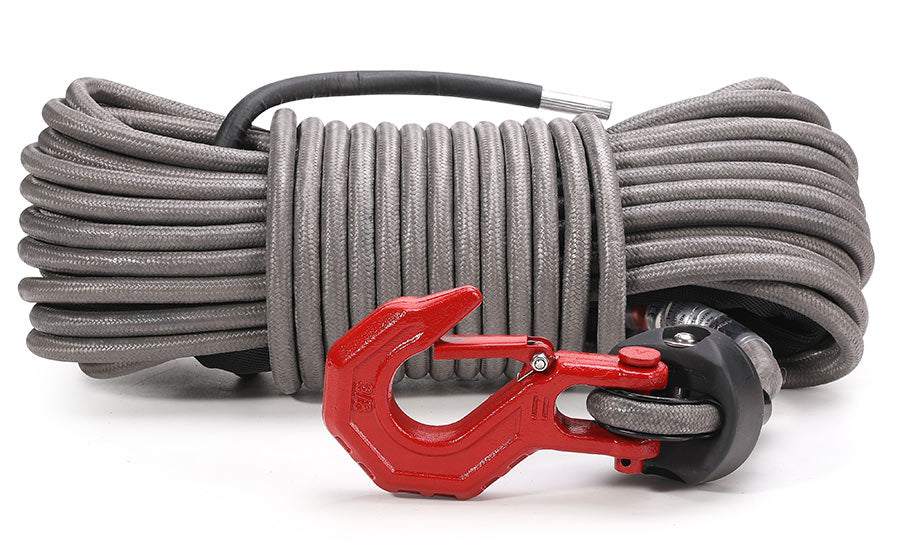 Armortek Extreme Synthetic Rope Kit 7/16 inch x 82 feet with heavy-duty red hook and gray double braided synthetic rope for winching.