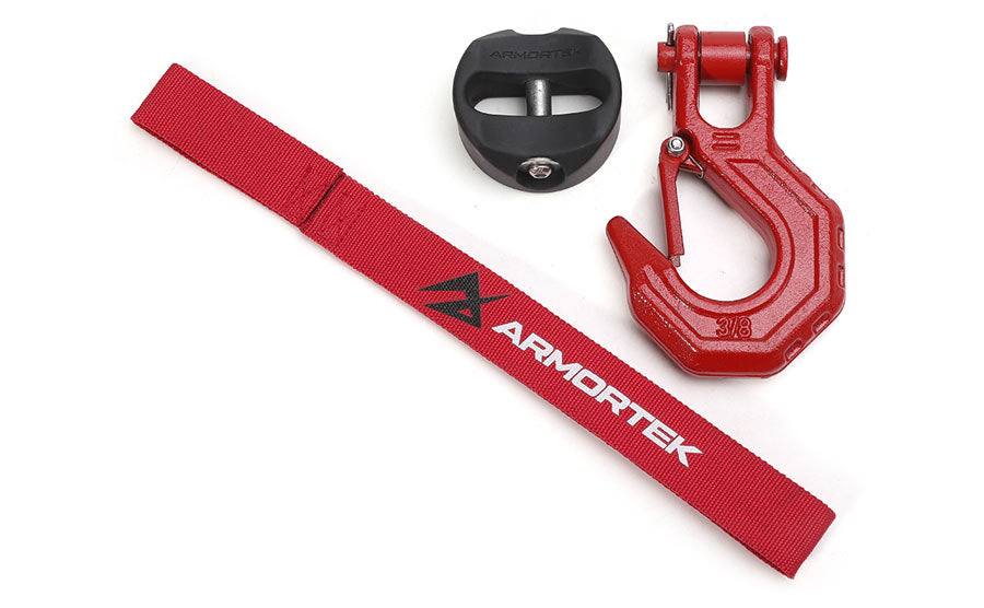 Armortek Red Hook Kit with black rope stopper and red safety strap for 5/16 to 7/16 inch rope, rated 22000lbs