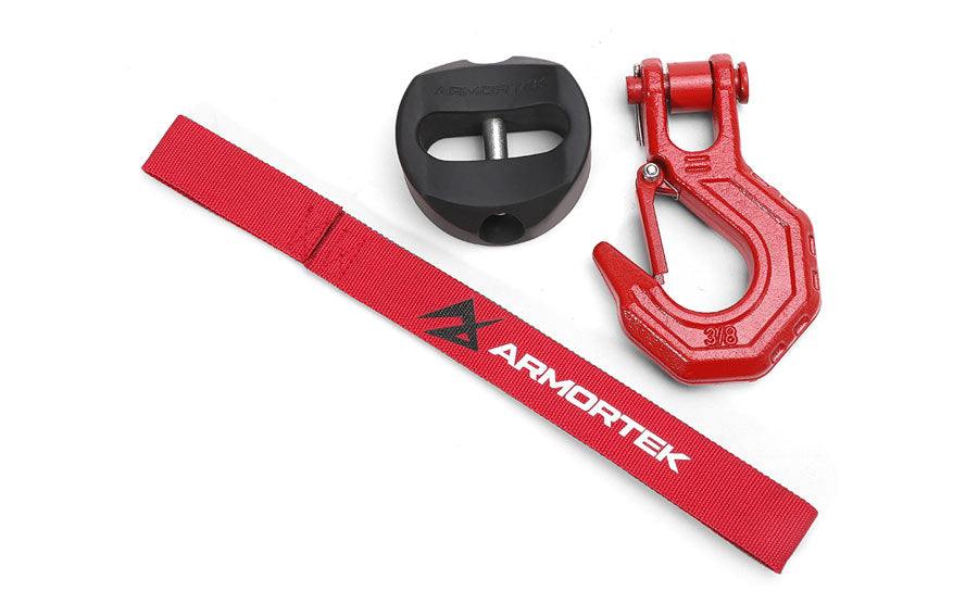 Armortek Red Hook Kit with red strap, black rope stopper, and red hook rated 22000lbs for 1/2" rope