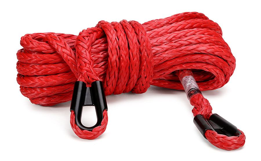 Red Armortek synthetic rope extension 1/2" x 50' with black reinforced loops, rated max breaking load 36300 lbs
