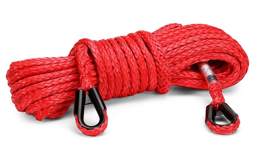 Armortek synthetic rope extension 5/16 inch x 50 feet in red with black metal thimbles, high strength and abrasion-resistant