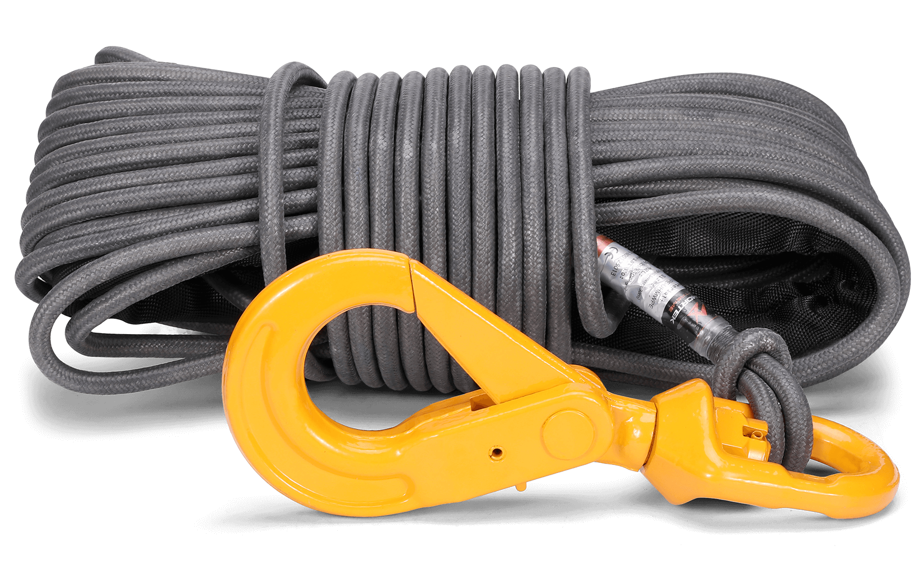 Armortek Extreme Synthetic Rope 3/8" x 100' with heavy-duty yellow swivel hook for industrial winching