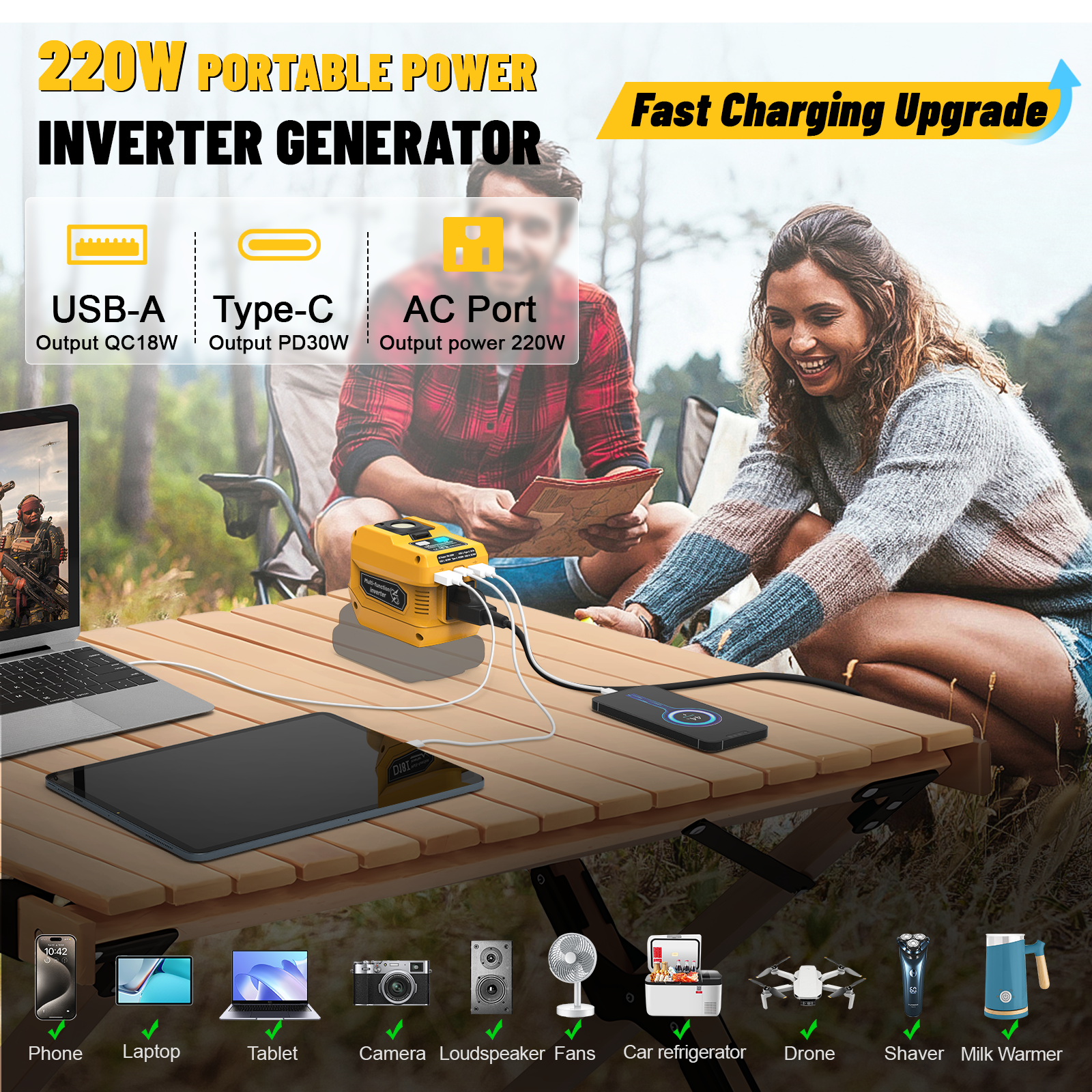 220W Power Inverter Compatible with DeWalt 20V/18V Batteries - Portable