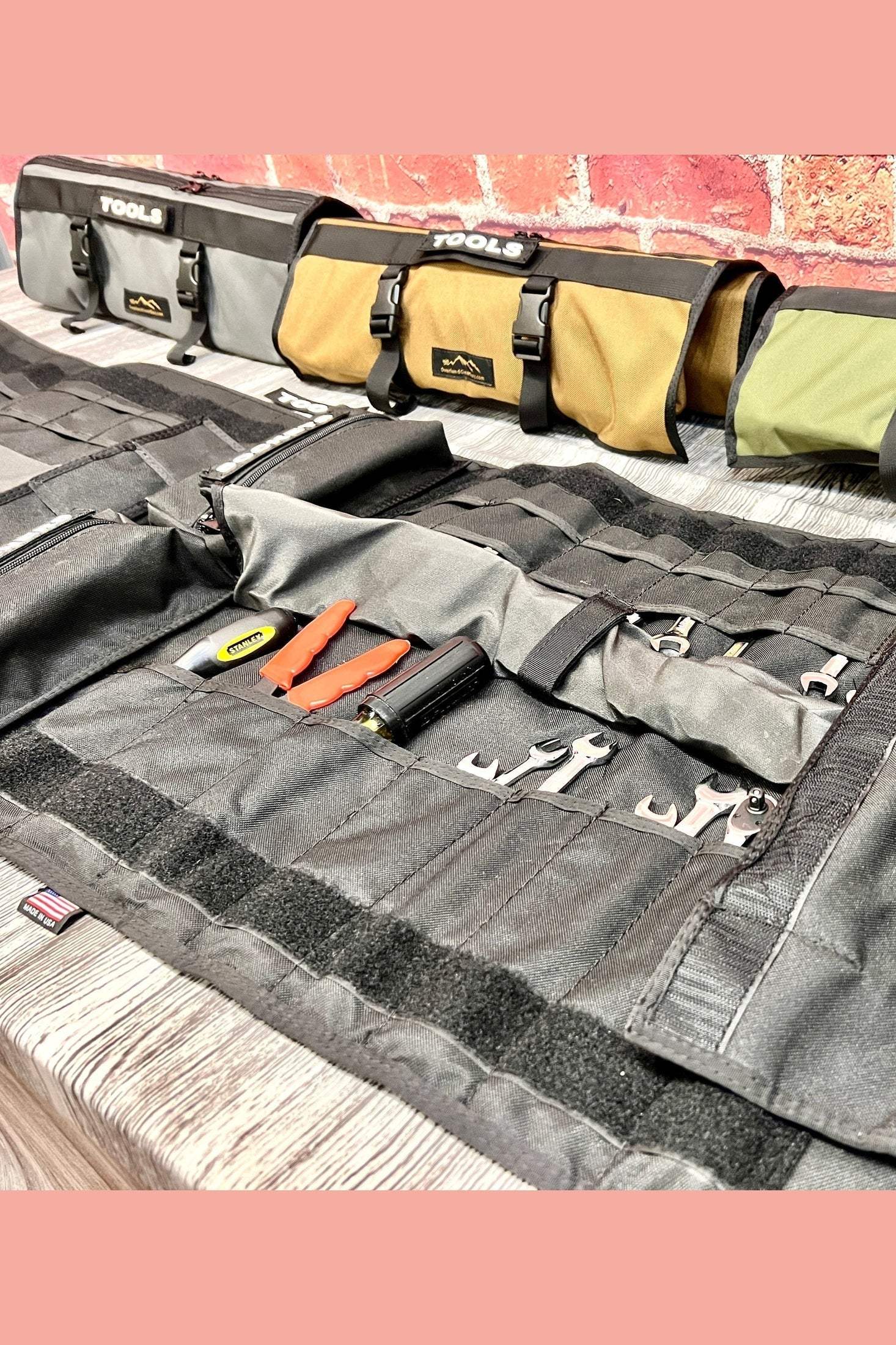 Durable Adventure Tool Roll with ample storage and customizable ID tags for organizing tools.