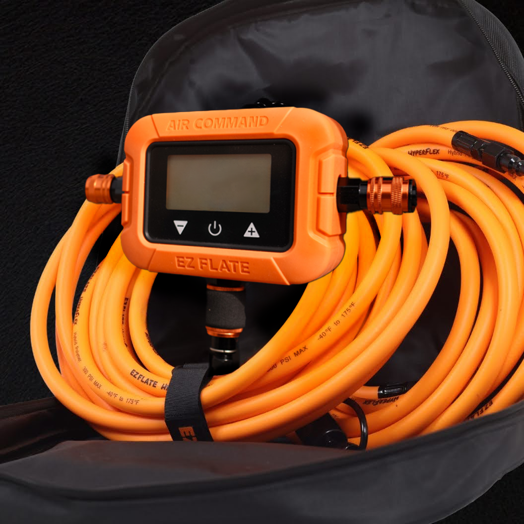 Hyperflex 4-Way Hoses with Air Command digital gauge and orange hybrid polymer hoses coiled in black carrying bag.