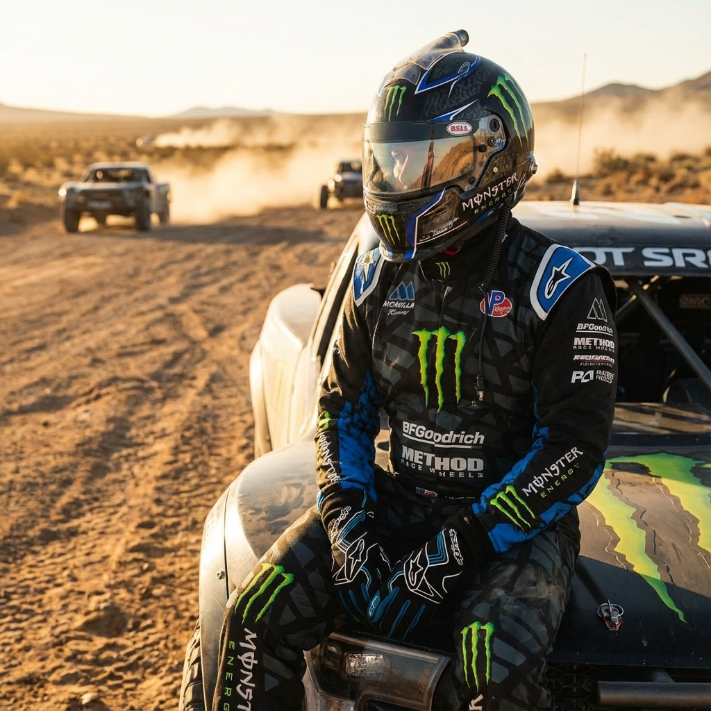 Alpinestars TechVision custom driving suit with Monster Energy branding, worn by a driver sitting on an off-road vehicle in a desert setting