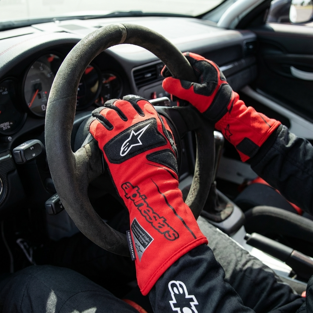 Alpinestars flame-resistant Tech M Pit Gloves in red worn by driver gripping steering wheel inside race car cockpit