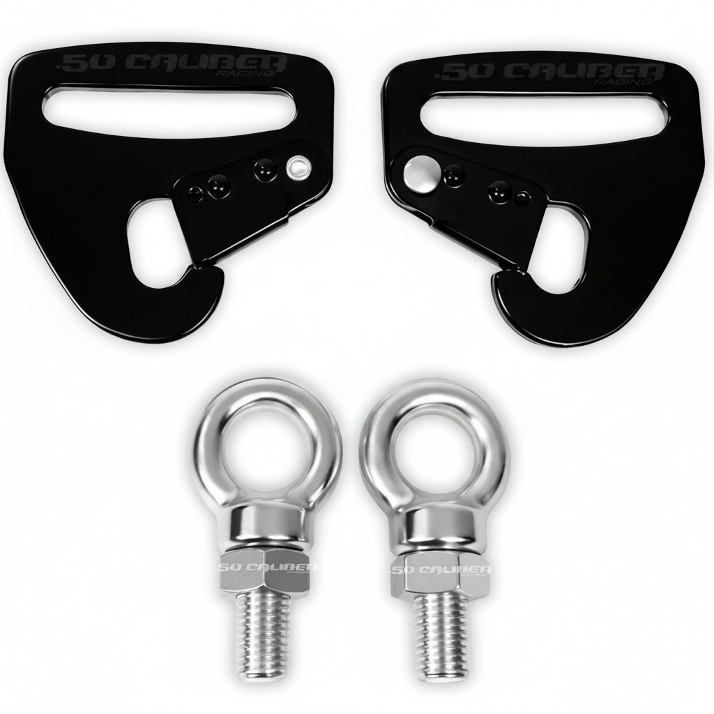 Two black metal hooks and two silver eye bolts on a white background with '50 Caliber' branding.