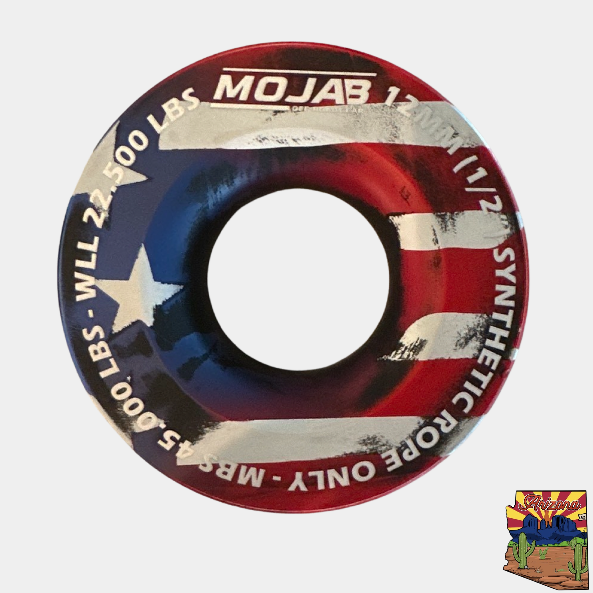 American Flag Snatch Ring 3.8-inch diameter aluminum 7075 with 45,000 lbs MBS and 22,500 lbs workload limit for off-road recovery