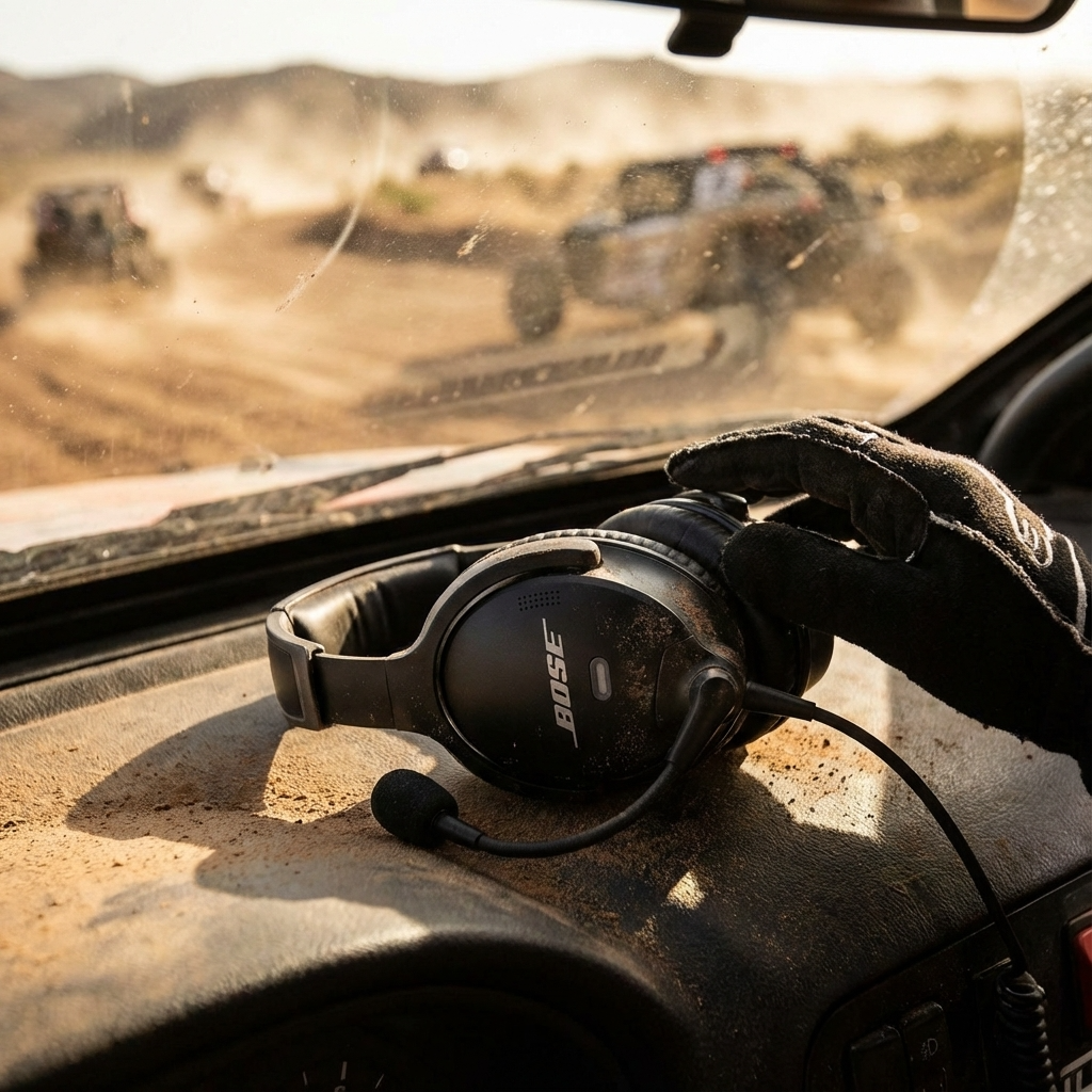 Bose A30 aviation headset with noise cancellation and microphone on car dashboard in dusty off-road environment
