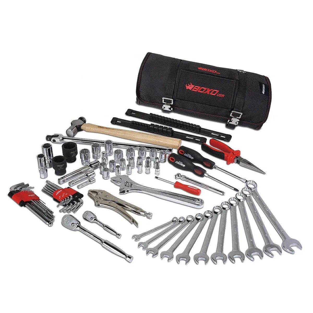 Boxo UTV Roll 69-piece metric tool set in durable Cordura nylon roll with labeled pockets and removable pouch