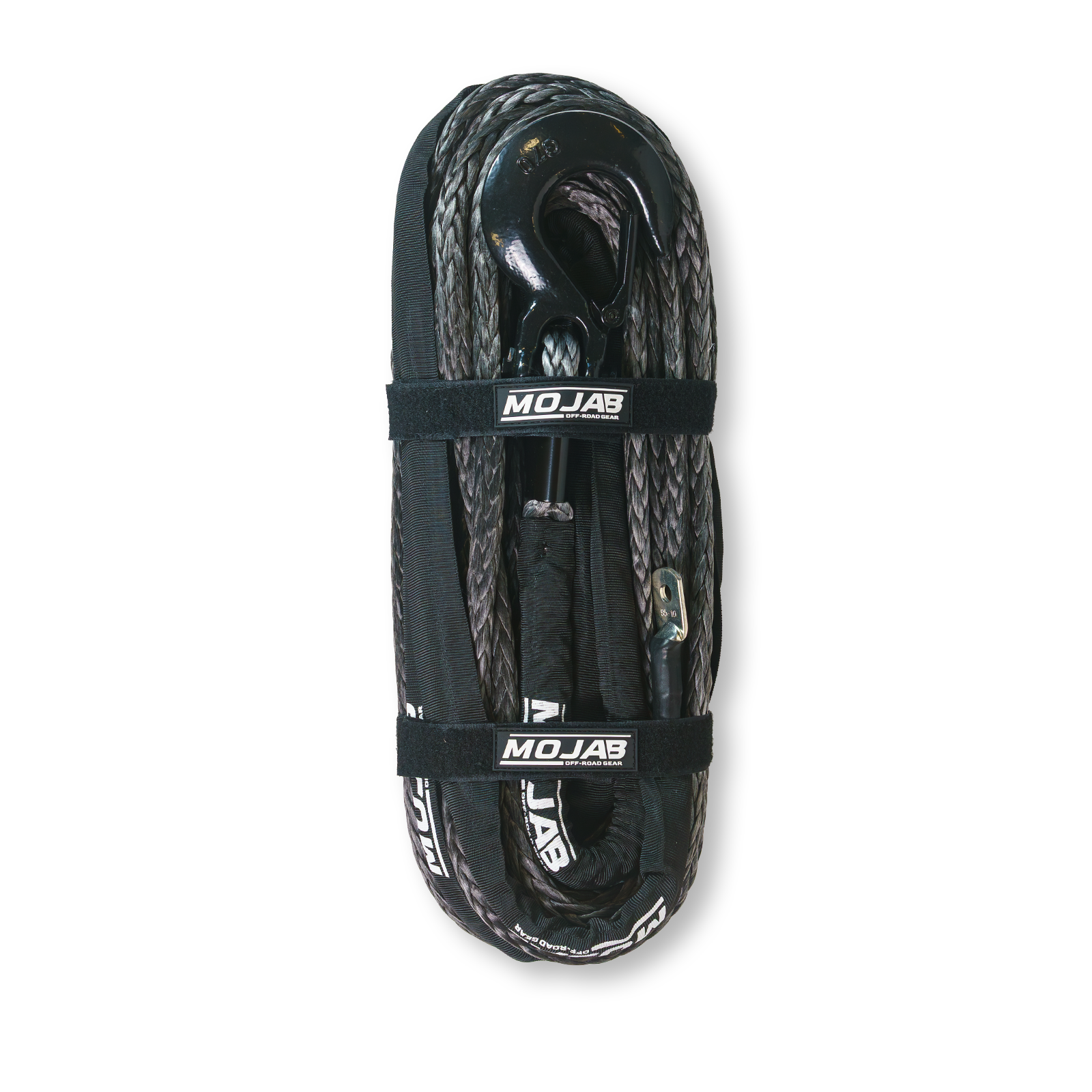 Synthetic 1/2 inch x 78 ft winch rope with forged hook and black protective sleeve