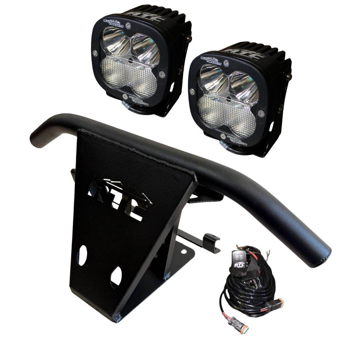 X3 ATC Bumper Kit with black powder-coated prerunner bumper, dual X Pro Race Series LED pods, and wiring harness for Can-Am X3